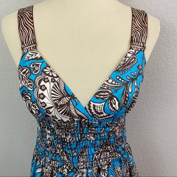 Trina Turk 100% Silk  Blue & Brown Print Dress Elastic Smocked Waist Size 8 - Picture 2 of 11